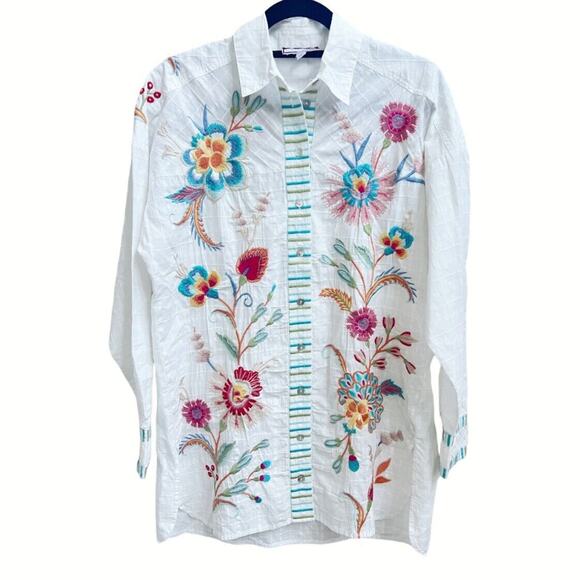 Johnny Was NWT Joele Embroidered Button Up Shirt Textured White Sz S Long Slv - Picture 1 of 8